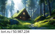 Idyllic forest sanctuary: cozy wooden cabin with lush green roof and glowing windows, illuminated by dappled sunlight filtering through tall trees and dense undergrowth along stone path. Стоковое AI-изображение, AI-художник Данила Большаков / Фотобанк Лори