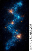 Luminous Cosmic Web: Vibrant Intergalactic Network of Sparkling Star Clusters and Glowing Nebulous Filaments Illuminating Dark Expanse of Deep Space. Стоковое AI-изображение, AI-художник Данила Большаков / Фотобанк Лори