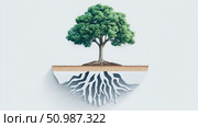 Symbolic representation of natural stability: vibrant green tree with visible canopy and meticulously detailed, intricate underground root system revealed in clean cross-section, against serene white backdrop. Стоковое AI-изображение, AI-художник Данила Большаков / Фотобанк Лори