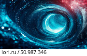 Mesmerizing Abstract Cosmic Wormhole Tunnel Swirling with Luminous Blue and Turquoise Energy and Sparkling Stardust, Leading Through Vibrant Celestial Dimension with Hint of Red Nebula. Стоковое AI-изображение, AI-художник Данила Большаков / Фотобанк Лори