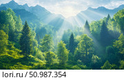 Breathtaking panorama of lush green mountain forests illuminated by spectacular crepuscular sun rays piercing through misty air, creating serene and majestic natural landscape. Стоковое AI-изображение, AI-художник Данила Большаков / Фотобанк Лори