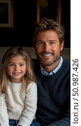 Heartwarming portrait of smiling father and his adorable young daughter captured in tender moment indoors, radiating warmth and family connection. Стоковое AI-изображение, AI-художник Данила Большаков / Фотобанк Лори