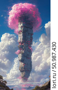 Majestic alien monolith emitting bright pink vapor, towering amidst fluffy white clouds in vibrant blue sky over serene landscape with water, distant mountains, and graceful birds. Стоковое AI-изображение, AI-художник Данила Большаков / Фотобанк Лори