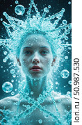 Женщина, сливающаяся с водой и ДНК. Стоковое AI-изображение, AI-художник Анастасия Пальчикова / Фотобанк Лори