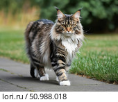 A delightful Maine Coon cat walks gracefully down a shaded garden path, its long fur catching the light, radiating charm and confidence amidst natures beauty Generative AI. Стоковое AI-изображение, AI-художник Юлия Петровская / Фотобанк Лори