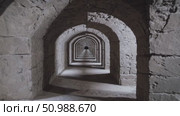 Long diminishing perspective of arches creating a tunnel in ancient stone architecture, illuminated by natural light, creating a mysterious and evocative atmosphere. Стоковое AI-видео, аниматор Данил Руденко / Фотобанк Лори
