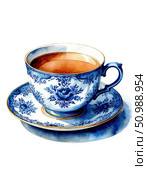 Tea cups with saucers of watercolor illustration. Vintage porcelain. Стоковое AI-изображение, AI-художник Ирина Самойлова / Фотобанк Лори