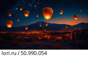 Night Sky Spectacle: Illuminated Lanterns Ascending over a Cityscape. Стоковое AI-изображение, AI-художник Данила Большаков / Фотобанк Лори