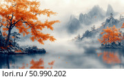 Serene Autumnal Landscape: A tranquil lake mirroring fiery autumn trees against a misty mountain backdrop. Стоковое AI-изображение, AI-художник Данила Большаков / Фотобанк Лори