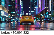 Gleaming yellow taxi parked on nighttime city street, wet asphalt mirroring colorful lights in moody metropolitan atmosphere. Стоковое AI-видео, аниматор Данил Руденко / Фотобанк Лори