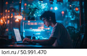 Nighttime Coder: A Young Person Works on a Laptop in a Vibrant Cafe. Стоковое AI-изображение, AI-художник Данила Большаков / Фотобанк Лори
