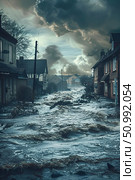 Flooding in a residential area under stormy clouds, demonstrating the aftermath of natural disasters. Concept: Aftermath of natural disasters. For educational and news materials. Стоковое AI-изображение, AI-художник Лариса Пономарева / Фотобанк Лори