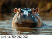 A close-up of a hippopotamus' head, peering out of the water. Shot in natural light in the wild, highlighting the texture of the skin, expressive eyes and nostrils. The hippopotamus looks calmly at the camera, creating a sense of direct contact. Ideal for biology illustrations, African wildlife, ecology and conservation topics. Works great in educational and travel publications. Стоковое AI-изображение, AI-художник Анна Кривицкая / Фотобанк Лори