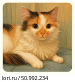 A charming pastel illustration of a calico fluffy cat nestled on a soft pillow. Its wide eyes and expressive face convey a sense of tenderness and calm. Perfect for children's books, posters, cards, home decor, pet stores, and pet projects. Стоковое AI-изображение, AI-художник Анна Кривицкая / Фотобанк Лори