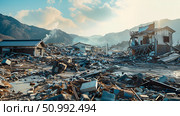 Aftermath of a devastating earthquake in a valley surrounded by mountains, intended for scientific publications and analytical materials on seismic activity. Concept: Aftermath of natural disasters. For scientific publications and seismic studies. Стоковое AI-изображение, AI-художник Лариса Пономарева / Фотобанк Лори