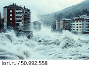 City streets submerged by powerful floodwaters, reflecting the severe effects of natural disasters. Concept: Aftermath of natural disasters. For educational and news materials. Стоковое AI-изображение, AI-художник Лариса Пономарева / Фотобанк Лори