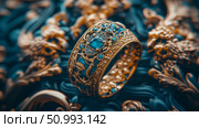 Opulent Gold Ring with Teal Gemstones: Exquisite Jewelry Macro Shot. Стоковое AI-изображение, AI-художник Данила Большаков / Фотобанк Лори