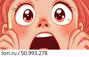 Close-up Illustration of a Girl's Shocked Face with Wide Eyes and Open Mouth. Стоковое AI-изображение, AI-художник Данила Большаков / Фотобанк Лори