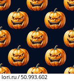 Seamless texture, pattern, angry orange pumpkin, autumn vegetable. October 31st, Halloween holiday. artificial intelligence generator, AI, neural network image. background for the design. Стоковое AI-изображение, AI-художник Алёна Мостович / Фотобанк Лори