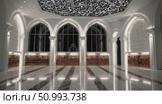 Modern Islamic library interior featuring bookshelves filled with literature, polished marble floors reflecting surroundings, and a ceiling adorned with intricate calligraphy. Стоковое AI-видео, аниматор Данил Руденко / Фотобанк Лори