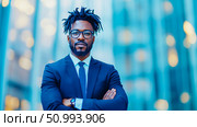 Portrait of a Confident African American Businessman in a Blue Suit against a City Lights Blurred Background. Стоковое AI-изображение, AI-художник Данила Большаков / Фотобанк Лори