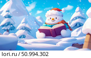 A cheerful snowman in a winter landscape enjoys reading a book. Стоковое AI-изображение, AI-художник Данила Большаков / Фотобанк Лори