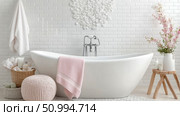 Elegant White Bathroom Interior with Freestanding Tub and Pink Accents. Стоковое AI-изображение, AI-художник Данила Большаков / Фотобанк Лори