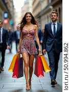 Strolling along a lively urban street, a confident woman in a chic outfit carries colorful shopping bags, radiating happiness as she enjoys the day out with a dapper companion nearby Generative AI. Стоковое AI-изображение, AI-художник Юлия Петровская / Фотобанк Лори