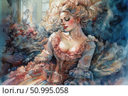 An elegant woman in a magnificent rococo dress is depicted in watercolor. Her light curls are styled in an exquisite hairstyle, and her outfit is decorated with lace, ruffles and silk details. The atmosphere of the painting is romantic, dreamy and filled with tenderness. The work is done in a rich color palette with a predominance of blue and pink tones, emphasizing the aristocracy of the image. Ideal for the themes of art, fashion history, vintage, femininity and beauty. Стоковое AI-изображение, AI-художник Анна Кривицкая / Фотобанк Лори