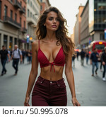In the heart of a bustling city, a striking woman strolls gracefully, radiating confidence with her fashionable ensemble, catching glances from passerby. The urban setting adds energy Generative AI. Стоковое AI-изображение, AI-художник Юлия Петровская / Фотобанк Лори