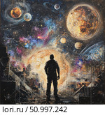 Atmospheric digital illustration depicting a silhouette of a man against a backdrop of space filled with vibrant planets, stars and galaxies. The art style combines fantasy and abstract elements to create a sense of scale, quest and inner awakening. This work is perfect for book covers, posters, music albums, and for use in projects on the theme of science, the universe and philosophy. Стоковое AI-изображение, AI-художник Анна Кривицкая / Фотобанк Лори