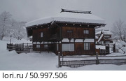 Snow covers the roof and surroundings of a traditional japanese wooden house with a wooden fence in a winter landscape, evoking a sense of tranquility and peace. Стоковое AI-видео, аниматор Данил Руденко / Фотобанк Лори