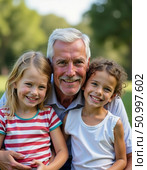 Grandfather shares a joyful day with his grandson and granddaughter in a lush park setting, laughter echoing in the sunny afternoon as they bond over cherished memories Generative AI. Стоковое AI-изображение, AI-художник Юлия Петровская / Фотобанк Лори