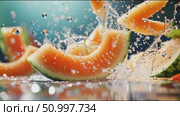 Juicy melon slices splashing in water create refreshing summer vibes in a colorful setting. Стоковое AI-видео, аниматор Сергей Толмачёв / Фотобанк Лори