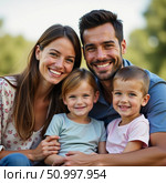 A loving family celebrates a beautiful day outdoors, embracing each other with smiles and laughter Generative AI. Стоковое AI-изображение, AI-художник Юлия Петровская / Фотобанк Лори