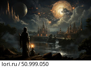 An inspiring fantasy scene depicting a mysterious sage and a child on the bank of a river, watching a grand celestial event - a blazing swirl of light and falling meteors. In the distance, majestic castles with sharp spires rise up, illuminated by a warm light. Above them are two moons and a dramatic sky filled with magic. The atmosphere is filled with the premonition of a great event, an ancient prophecy, or the beginning of a magical journey. The painting is ideal for book covers, board games, fantasy stories, posters and concept art. Стоковое AI-изображение, AI-художник Анна Кривицкая / Фотобанк Лори