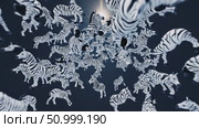 Zebras drifting through shadowy underground passage, dramatic lighting casting ethereal glow, creating mesmerizing surreal visual narrative. Стоковое AI-видео, аниматор Данил Руденко / Фотобанк Лори
