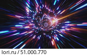Warping through starry cosmic tunnel, luminescent energy streams converging, blending vibrant light particles into hypnotic visual trajectory. Стоковое AI-видео, аниматор Данил Руденко / Фотобанк Лори
