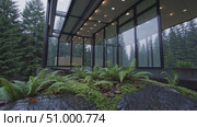 Verdant ferns cascading over moss covered boulder, framing minimalist dwelling with expansive glass panels mirroring dense forest landscape, Pacific Northwest architectural harmony. Стоковое AI-видео, аниматор Данил Руденко / Фотобанк Лори