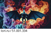Mythical dragon flying across clouded sky, powerful wings extended, breathing multicolored smoke, radiating epic fantasy world energy and dramatic supernatural power. Стоковое AI-видео, аниматор Данил Руденко / Фотобанк Лори