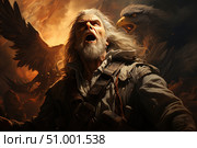 Powerful digital art - a gray warrior with long hair and beard in a dramatic scream, with a giant eagle spreading its wings in the background. A veteran, magician, prophet or leader in a state of ecstasy, anger or battle call. The scene is saturated with fiery and dark shades, creating an atmosphere of an epic battle or an apocalyptic vision. Ideal for book covers, games, posters in the fantasy, dark fantasy, mythology and epic genres. Стоковое AI-изображение, AI-художник Анна Кривицкая / Фотобанк Лори