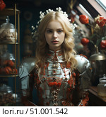 A fantastic portrait of a young woman in futuristic armor with elements of biomechanics and organic details. Against the background of glass jars with fruits and flowers, she appears as a gentle but strong heroine - a mixture of a knight and a goddess of nature. Blonde hair, a wreath of white flowers and a cold look create a contrast with the rich color scheme of metal and life. Perfect for themes of science fiction, fantasy, future, female power, art projects and book covers. Стоковое AI-изображение, AI-художник Анна Кривицкая / Фотобанк Лори