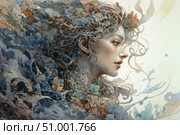 Art portrait of a woman in profile, executed in a fantastic and organic style. The heroine's hair turns into intertwining patterns, leaves, flowers and fine lines, as if dissolving in natural texture. The work is full of subtle nuances, smooth transitions and deep symbolism. The image seems to unite man and nature in a single flow. Ideal for book covers, music albums, posters, galleries of modern digital art and fantasy themes. Стоковое AI-изображение, AI-художник Анна Кривицкая / Фотобанк Лори
