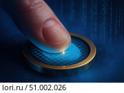 A Close-Up View of a Finger Placing on a High-Tech Biometric Fingerprint Scanner with Digital Interface and Secure Access Technology. Стоковое AI-изображение, AI-художник Башкирова Анна / Фотобанк Лори
