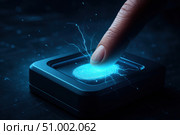 A Futuristic Concept of Fingerprint Recognition Technology Featuring a Finger Activating a High-Tech Device with Electric Sparks. Стоковое AI-изображение, AI-художник Башкирова Анна / Фотобанк Лори