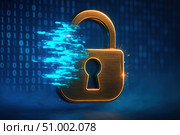 A Modern Representation of Cybersecurity: A Golden Padlock Symbolizing Digital Protection Against Data Breaches and Unauthorized Access in a Tech-Driven World. Стоковое AI-изображение, AI-художник Башкирова Анна / Фотобанк Лори