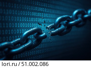 A Digital Chain Breaking Apart Amidst Streams of Binary Code, Symbolizing Disruption and Transformation in Technology and Security. Стоковое AI-изображение, AI-художник Башкирова Анна / Фотобанк Лори