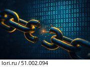 A Dramatic Representation of a Broken Chain Link Amidst a Digital Rain of Binary Code, Symbolizing Vulnerabilities in Cybersecurity and Data Protection. Стоковое AI-изображение, AI-художник Башкирова Анна / Фотобанк Лори