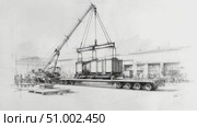 Mobile crane lifting heavy cargo onto flatbed truck pencil sketch. Стоковое AI-видео, аниматор Юрий Поздников / Фотобанк Лори