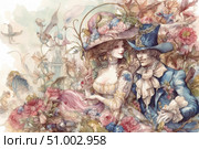Romantic rococo watercolor illustration of a loving couple in luxurious 18th century costumes. The woman is wearing a lush dress with floral decoration and a wide-brimmed hat, the man is wearing a blue tailcoat with a lace jabot. Around them is a riot of flowers, fantastic elements and architectural details. An atmosphere of tenderness, love and magic. Suitable for wedding printing, vintage postcards, posters, book covers and decorative art. Стоковое AI-изображение, AI-художник Анна Кривицкая / Фотобанк Лори